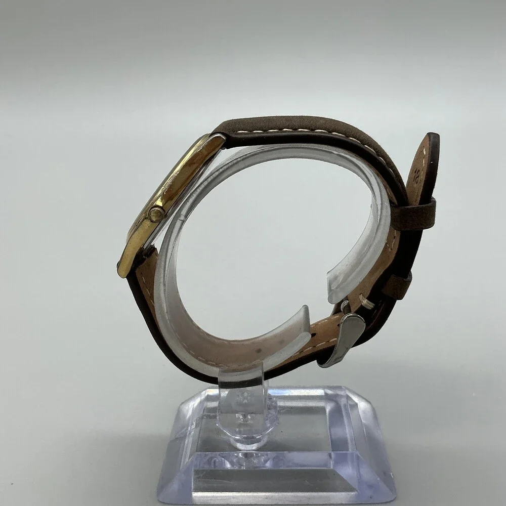 Vintage Seiko Mens Watch 32mm Black Dial Gold Tone Leather 5Y30-7A71 New Battery
